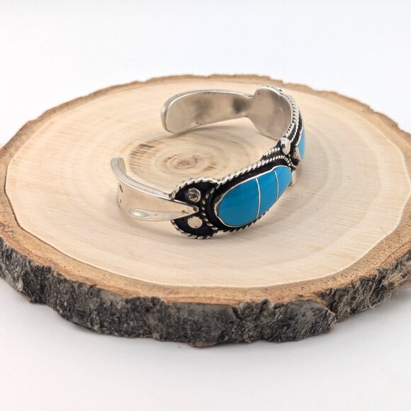 Handmade Zuni Cuff Bracelet Nevada Turquoise Inlay Sterling Jewelry Sz 6.25in. * - Picture 6 of 9